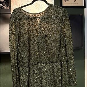 Mac Duggal Sparkling Long Sleeve Olive Green Gown Dress